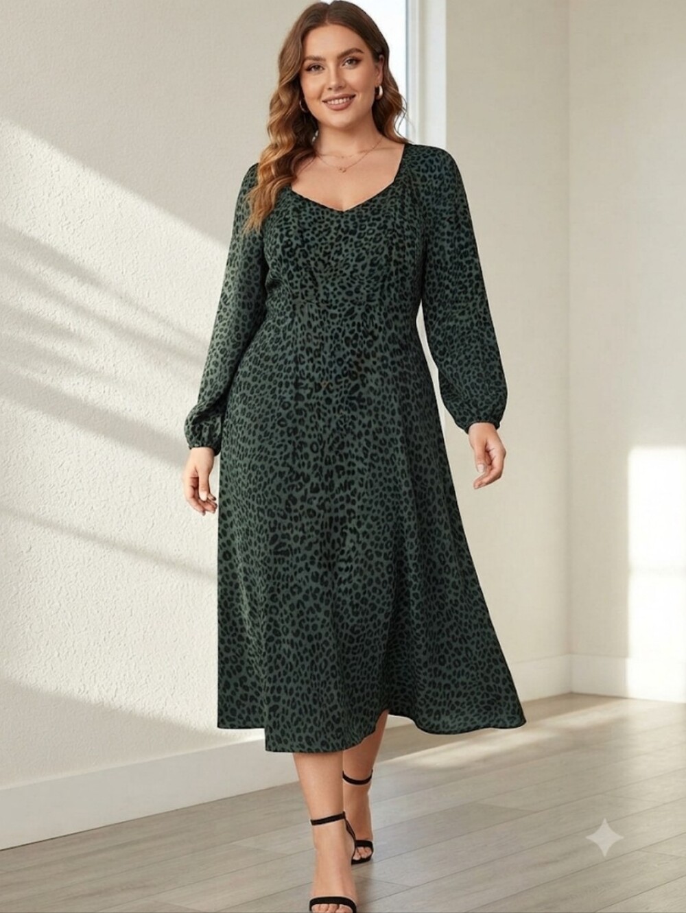 Ava & Viv Long Sleeve Dark Green Leopard Print Dress Sweetheart Neckline